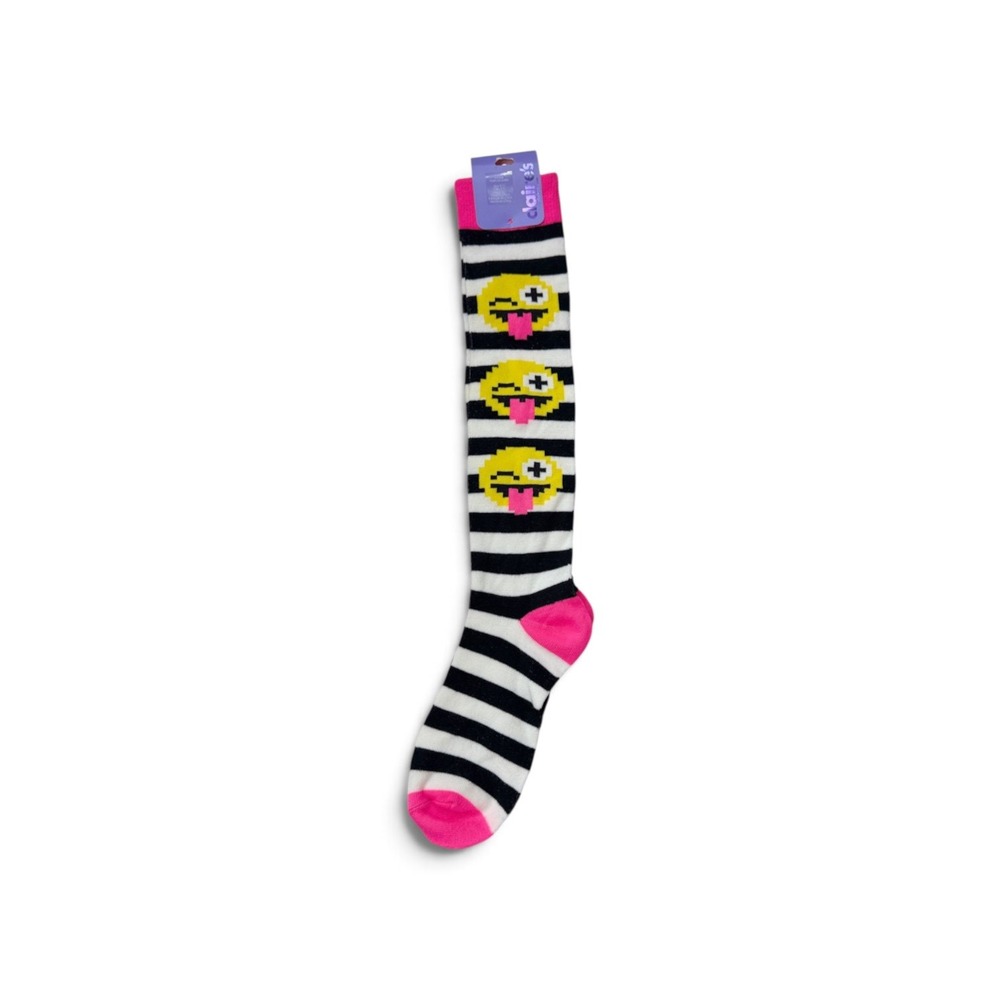 Claire's Knee High Socks Girls 9-11 Black White Pink Emoji Striped Pixel